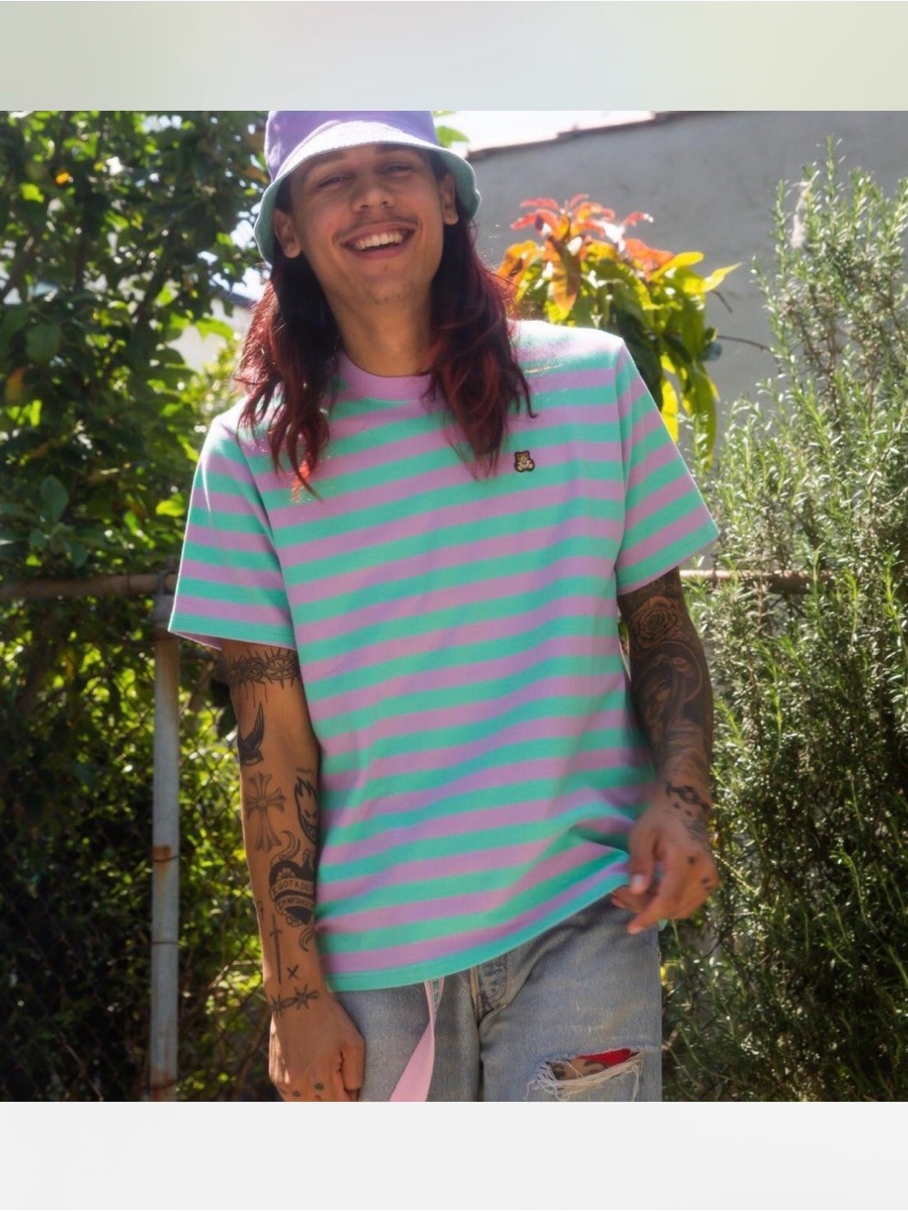 Teddy Fresh Pink & Mint Striped Crew Tee Sz: small